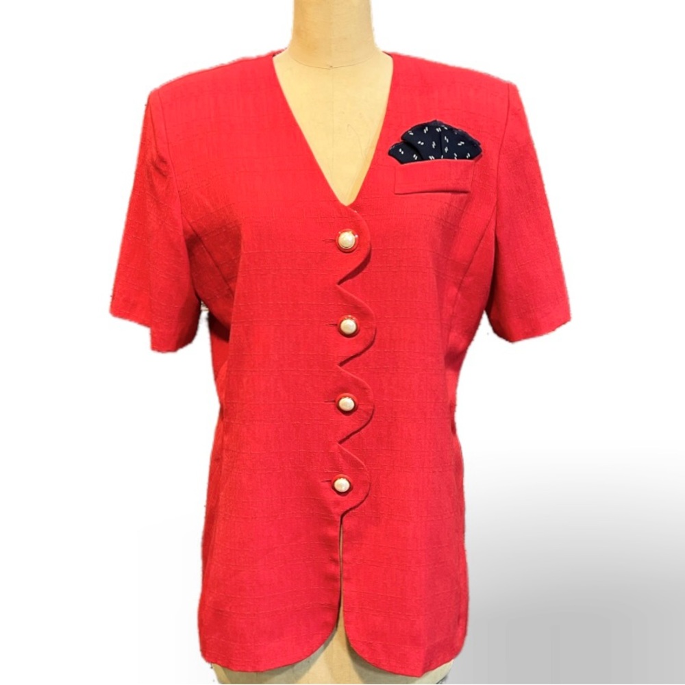 VINTAGE‎ 80s lipstick red power jacket bodice short sleeve fancy buttons pocket